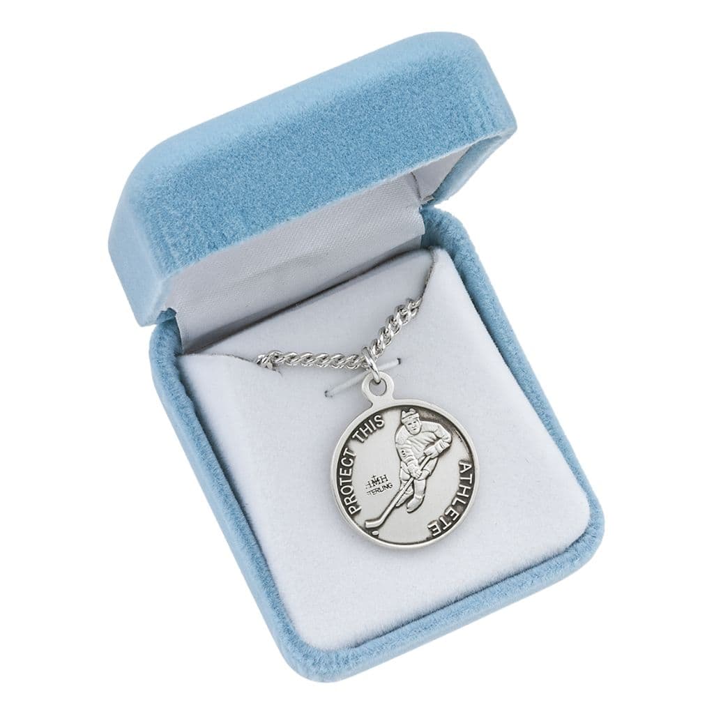 St. Christopher Ice Hockey Round Sterling Silver Medal Necklace in Gift Box, Made in USA by HMH Religious,