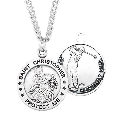 St. Christopher Golf Round Sterling Silver Medal Necklace in Gift Box with Chain, HMH Religious