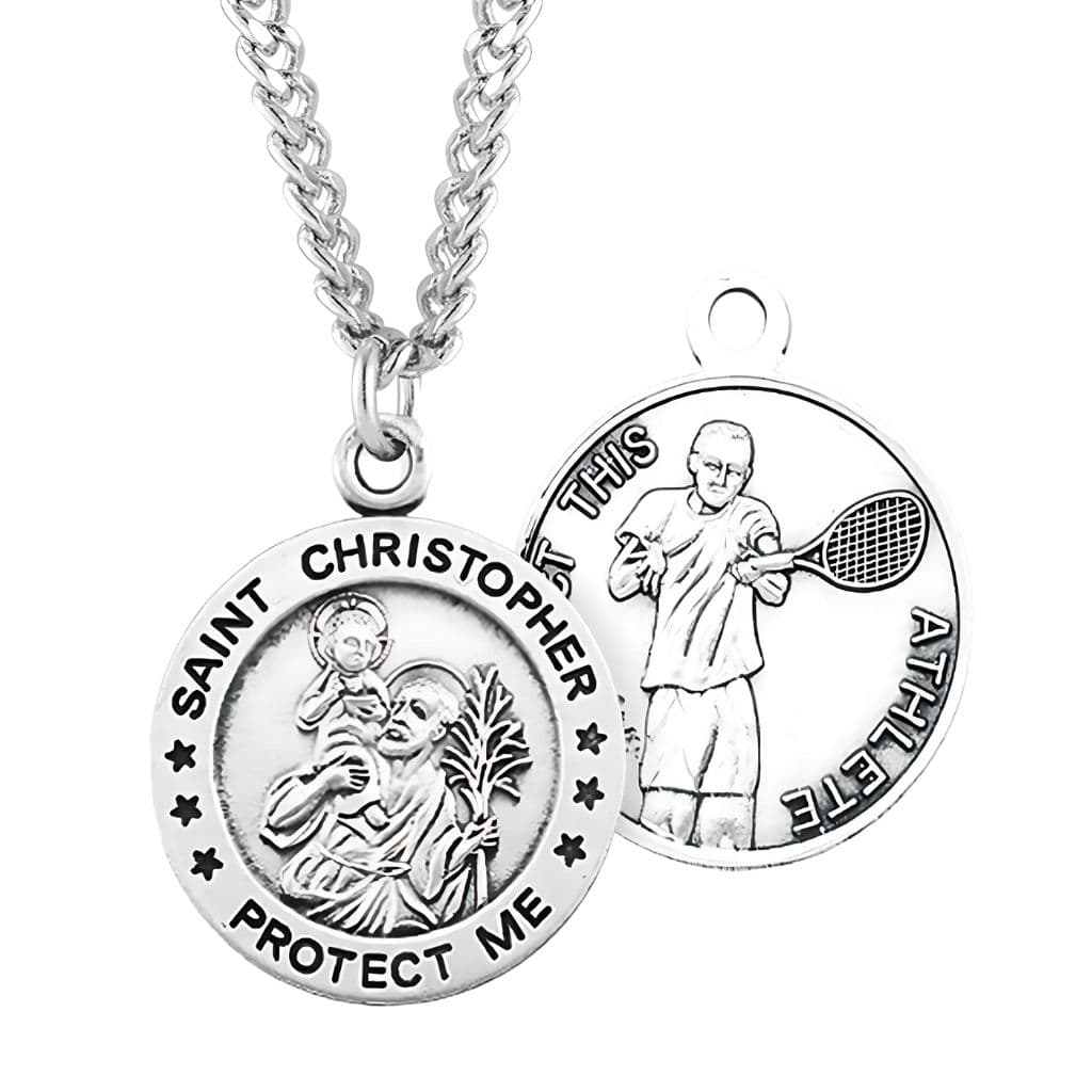 St. Christopher Tennis Round Sterling Silver Medal Necklace with Chain, Made in USA by HMH Religious,