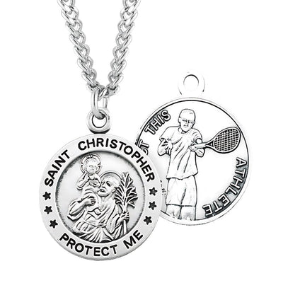 St. Christopher Tennis Round Sterling Silver Medal Necklace with Chain, HMH Religious
