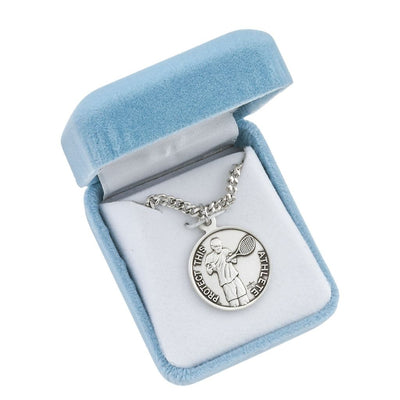 St. Christopher Tennis Round Sterling Silver Medal Necklace in Gift Box, HMH Religious