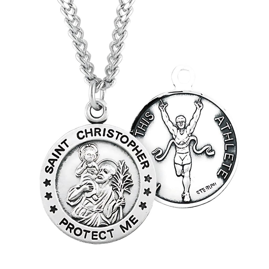 St. Christopher Track Round Sterling Silver Medal Necklace with Chain, Made in USA by HMH Religious,