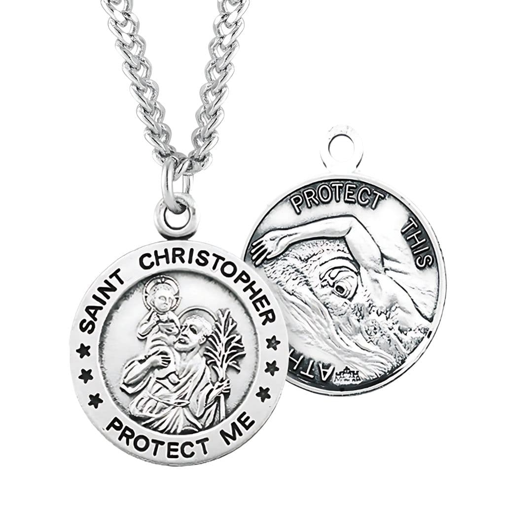 St. Christopher Swimming Round Sterling Silver Medal Necklace with Chain, Made in USA by HMH Religious,