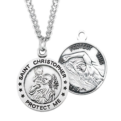 St. Christopher Swimming Round Sterling Silver Medal Necklace with Chain, HMH Religious