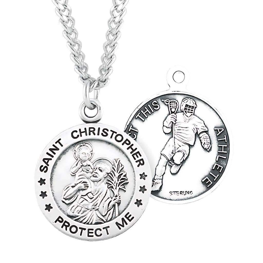 St. Christopher Lacrosse Round Sterling Silver Medal Necklace with Chain, Made in USA by HMH Religious,