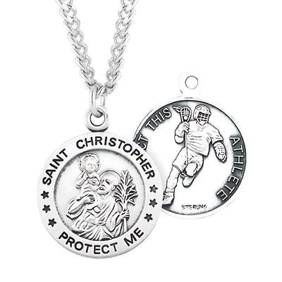 St. Christopher Lacrosse Round Sterling Silver Medal Necklace with Chain, HMH Religious
