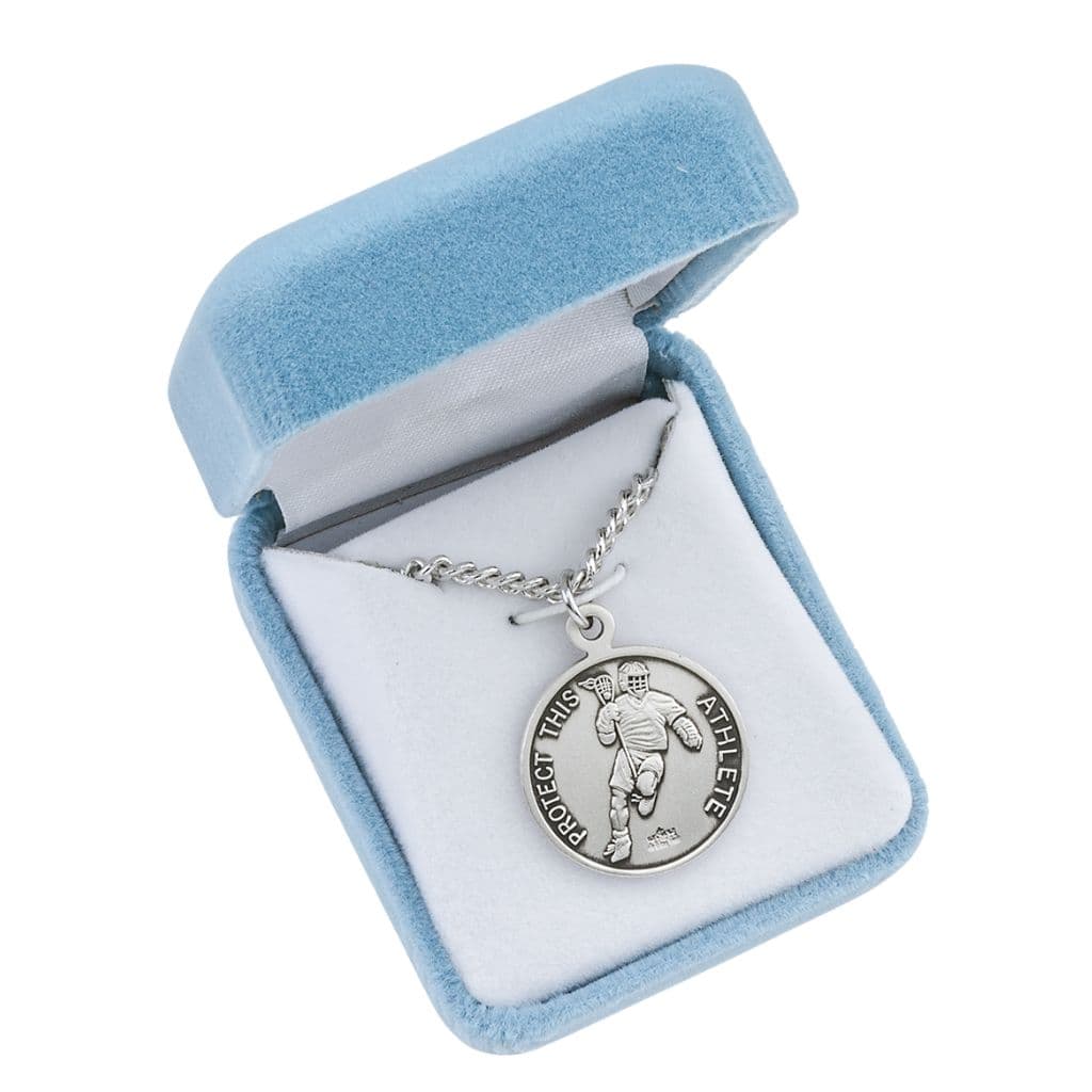 St. Christopher Lacrosse Round Sterling Silver Medal Necklace in Gift Box, Made in USA by HMH Religious,