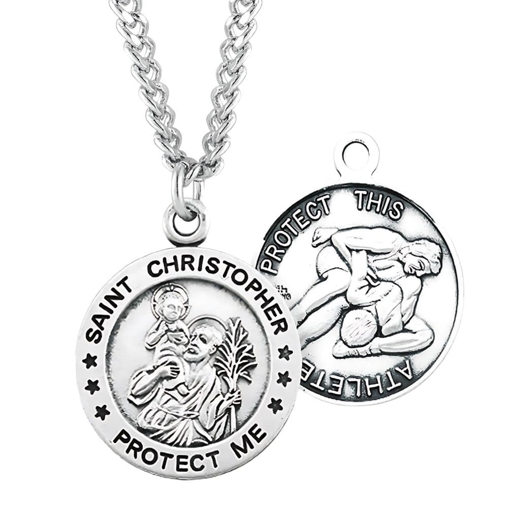 St. Christopher Wrestling Round Sterling Silver Medal Necklace with Chain, Made in USA by HMH Religious,