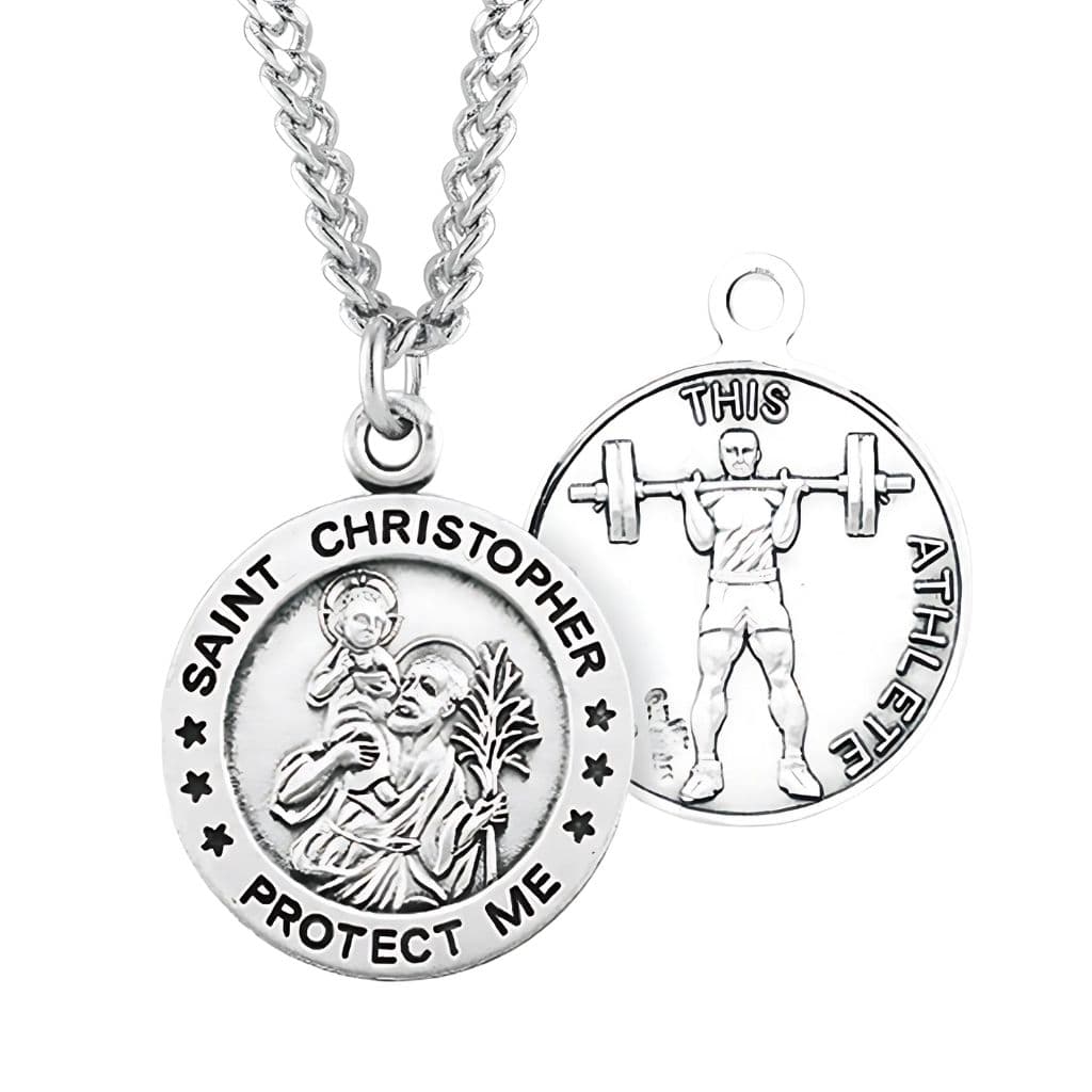 St. Christopher Weight Lifting Round Sterling Silver Medal Necklace with Chain, Made in USA by HMH Religious,