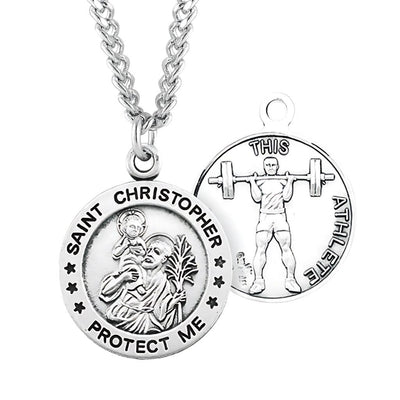 St. Christopher Weight Lifting Round Sterling Silver Medal Necklace with Chain, HMH Religious