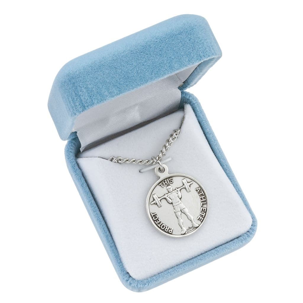 St. Christopher Weight Lifting Round Sterling Silver Medal Necklace in Gift Box, Made in USA by HMH Religious,