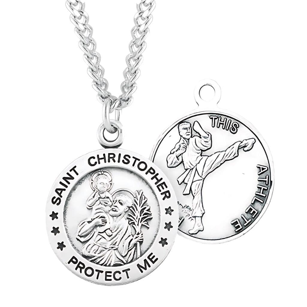 St. Christopher Martial Arts Round Sterling Silver Medal Necklace with Chain, Made in USA by HMH Religious,