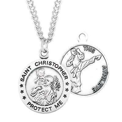 St. Christopher Martial Arts Round Sterling Silver Medal Necklace with Chain, HMH Religious