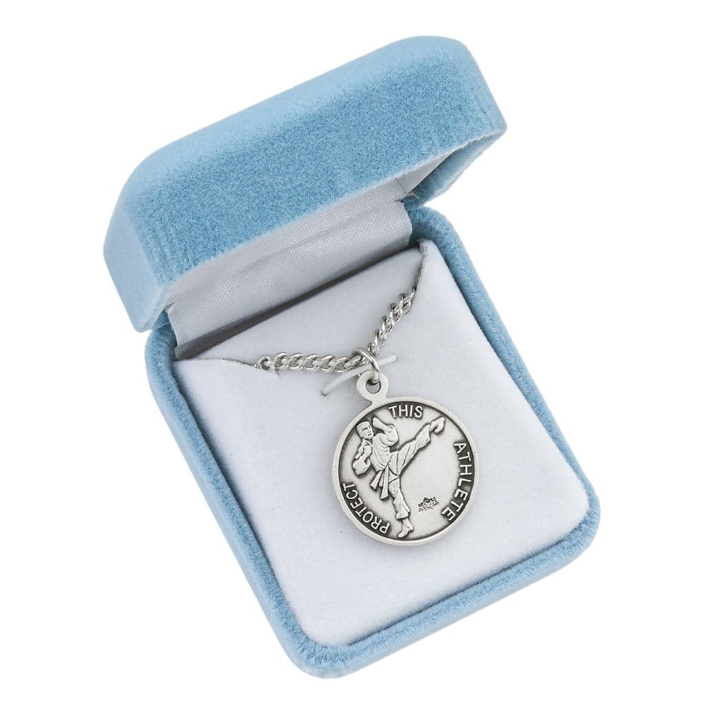 St. Christopher Martial Arts Round Sterling Silver Medal Necklace in Gift Box, Made in USA by HMH Religious,
