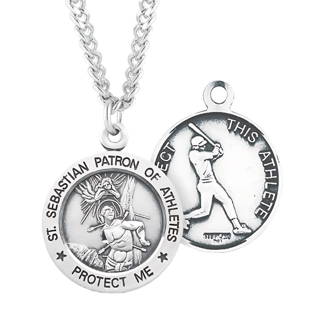St. Sebastian Baseball Round Sterling Silver Medal Necklace with Chain, Made in USA by HMH Religious,