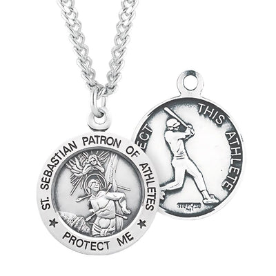 St. Sebastian Baseball Round Sterling Silver Medal Necklace with Chain, HMH Religious
