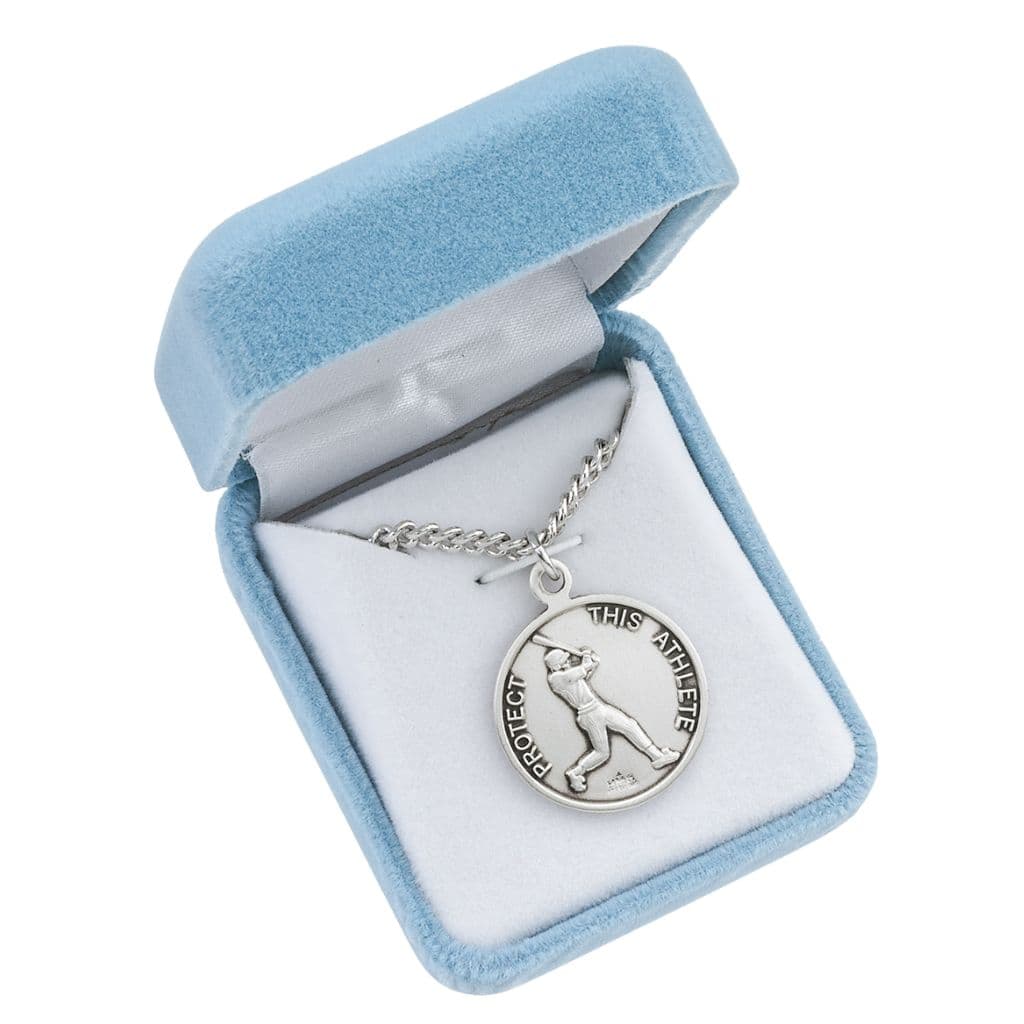 St. Sebastian Baseball Round Sterling Silver Medal Necklace in Gift Box, Made in USA by HMH Religious,