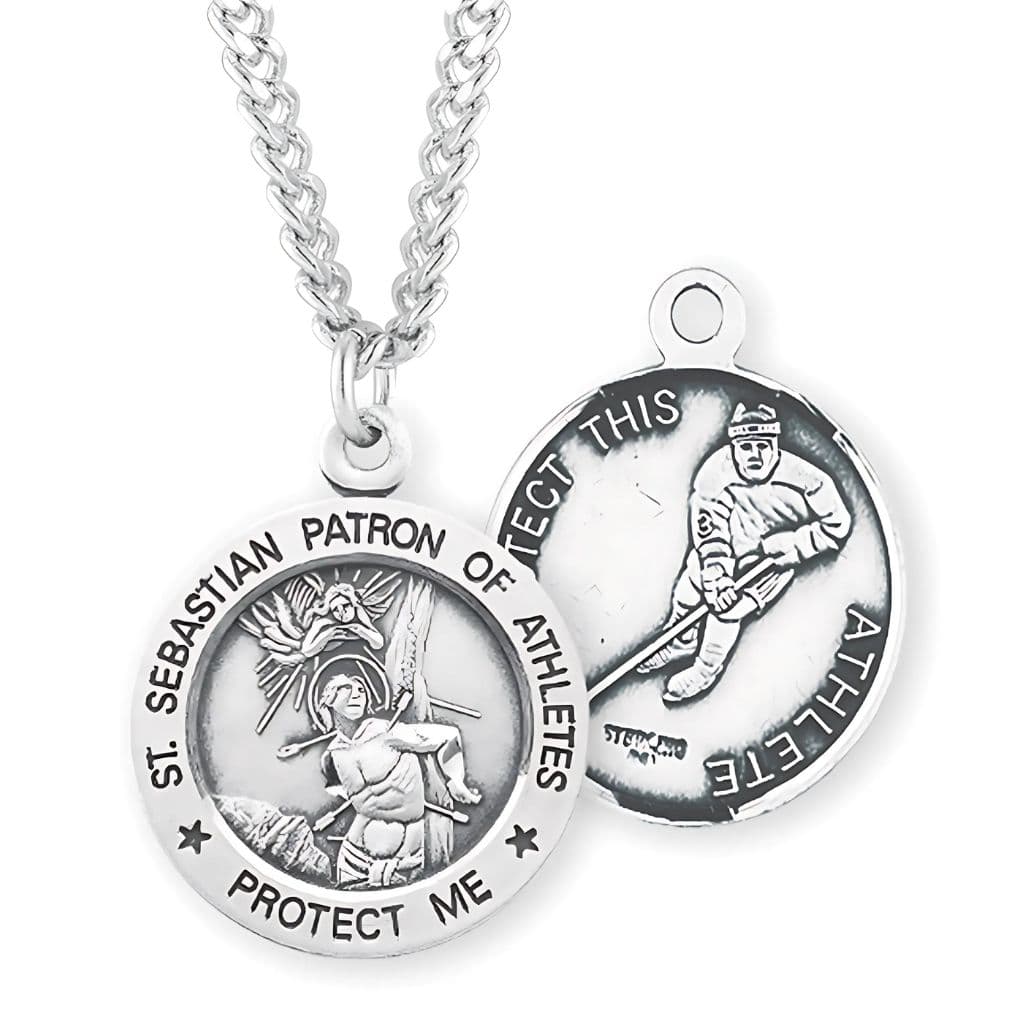 St. Sebastian Ice Hockey Round Sterling Silver Medal Necklace with Chain, Made in USA by HMH Religious,