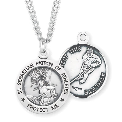 St. Sebastian Ice Hockey Round Sterling Silver Medal Necklace with Chain, HMH Religious
