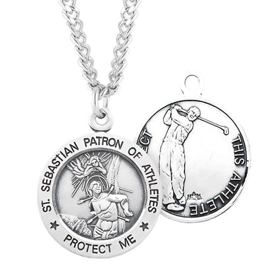 St. Sebastian Round Sterling Silver Golf Medal Necklace with Chain, HMH Religious