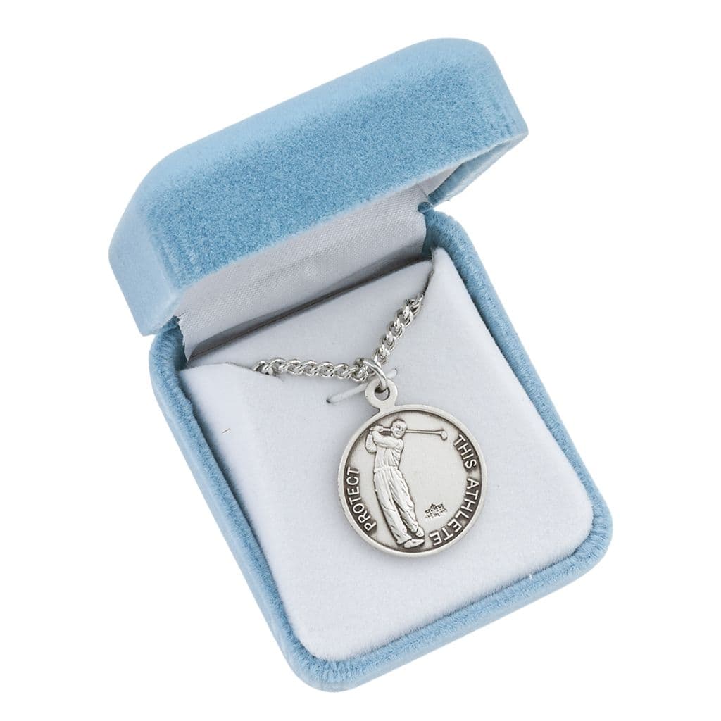 St. Sebastian Round Sterling Silver Golf Medal Necklace in Gift Box, Made in USA by HMH Religious,