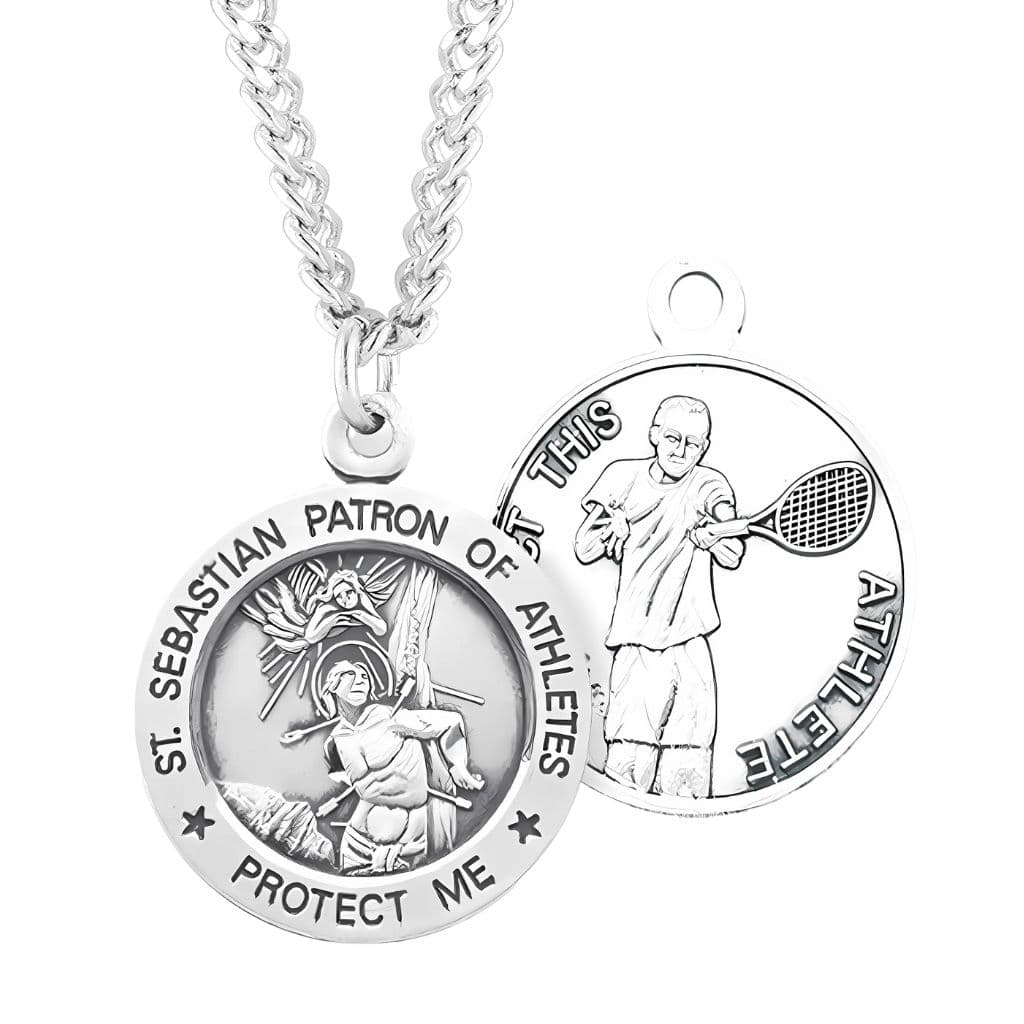 St. Sebastian Tennis Round Sterling Silver Medal Necklace with Chain, Made in USA by HMH Religious,