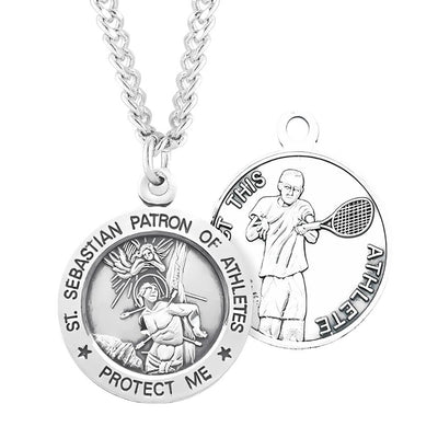 St. Sebastian Tennis Round Sterling Silver Medal Necklace with Chain, HMH Religious