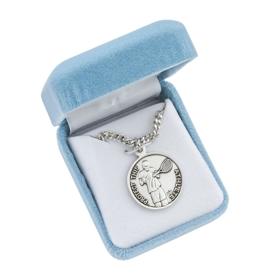 St. Sebastian Tennis Round Sterling Silver Medal Necklace in Gift Box, Made in USA by HMH Religious,