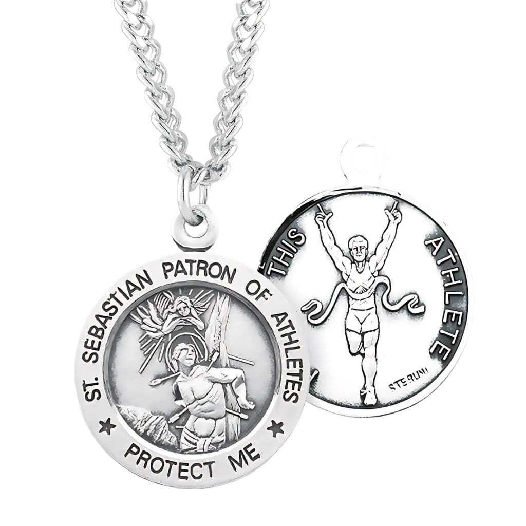 St. Sebastian Track Round Sterling Silver Medal Necklace with Chain, Made in USA by HMH Religious,