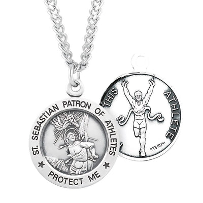 St. Sebastian Track Round Sterling Silver Medal Necklace with Chain, HMH Religious