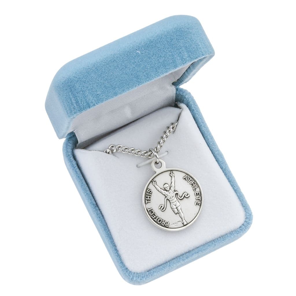 St. Sebastian Track Round Sterling Silver Medal Necklace in Gift Box, Made in USA by HMH Religious,