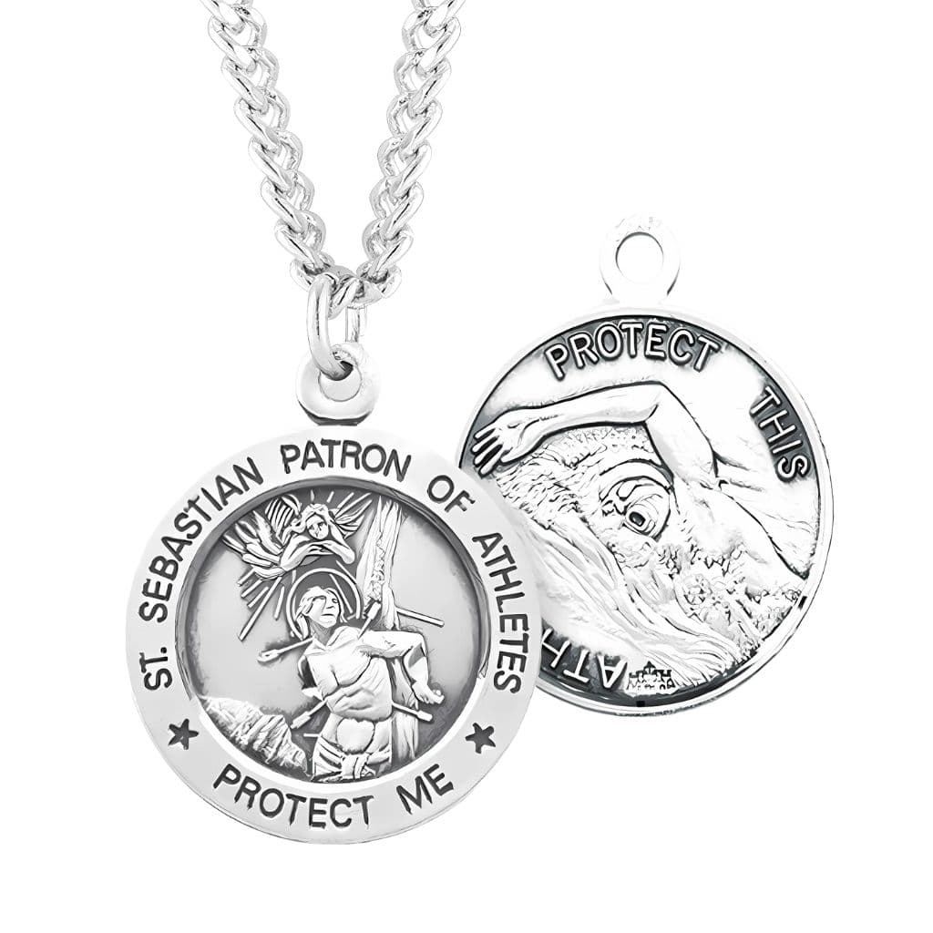 St. Sebastian Swimming Round Sterling Silver Medal Necklace with Chain, Made in USA by HMH Religious,