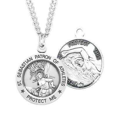 St. Sebastian Swimming Round Sterling Silver Medal Necklace with Chain, HMH Religious