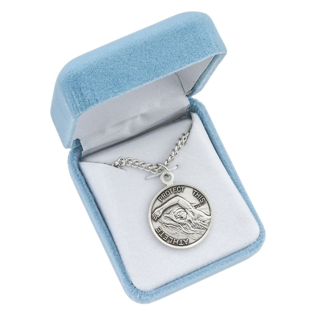 St. Sebastian Swimming Round Sterling Silver Medal Necklace in Gift Box, Made in USA by HMH Religious,