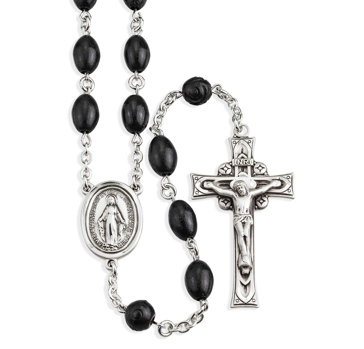 HMH Religious Miraculous Black Coco Beads Sterling Silver Rosary, 7x9mm brown oval cocoa beads and round carved cocoa Our Father beads