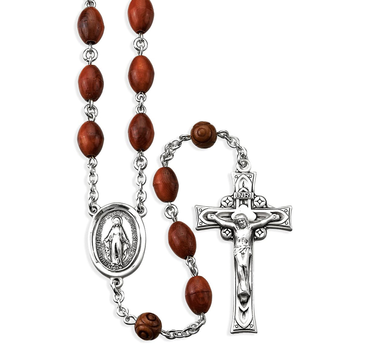 HMH Religious Miraculous Brown Coco Beads Sterling Silver Rosary, 7x9mm brown oval cocoa beads and round carved cocoa Our Father beads