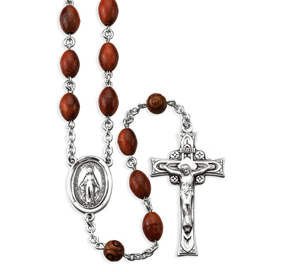 Miraculous Brown Coco Beads Sterling Silver Rosary, 7x9mm brown oval cocoa beads and round carved cocoa Our Father beads, HMH Religious