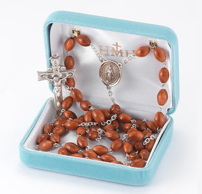 Miraculous Brown Coco Beads Sterling Silver Rosary, 7x9mm brown oval cocoa beads and round carved cocoa Our Father beads in gift box, HMH Religious
