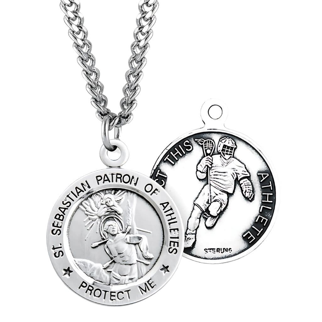St. Sebastian Lacrosse Round Sterling Silver Medal Necklace with Chain, Made in USA by HMH Religious,