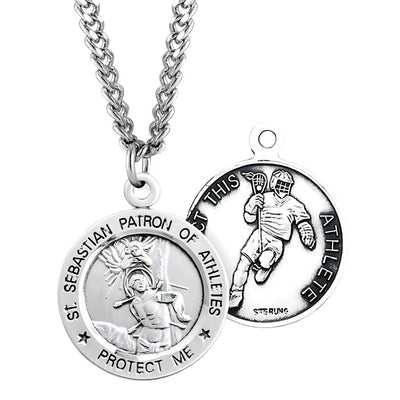 St. Sebastian Lacrosse Round Sterling Silver Medal Necklace with Chain, HMH Religious