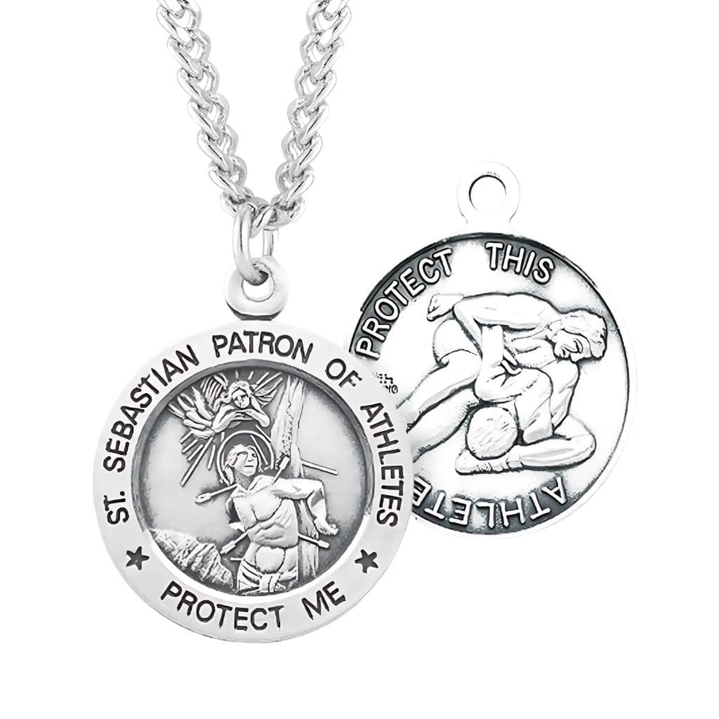 St. Sebastian Wrestling Round Sterling Silver Medal Necklace with Chain, Made in USA by HMH Religious,