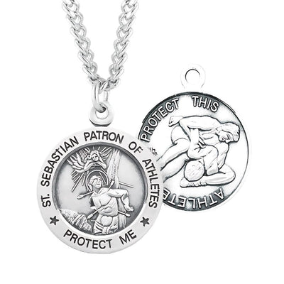 St. Sebastian Wrestling Round Sterling Silver Medal Necklace with Chain, HMH Religious