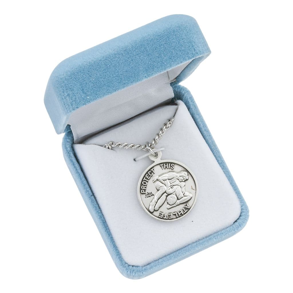 St. Sebastian Wrestling Round Sterling Silver Medal Necklace in Gift Box, Made in USA by HMH Religious,