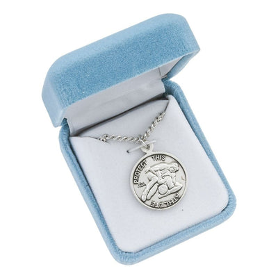 St. Sebastian Wrestling Round Sterling Silver Medal Necklace in Gift Box, HMH Religious