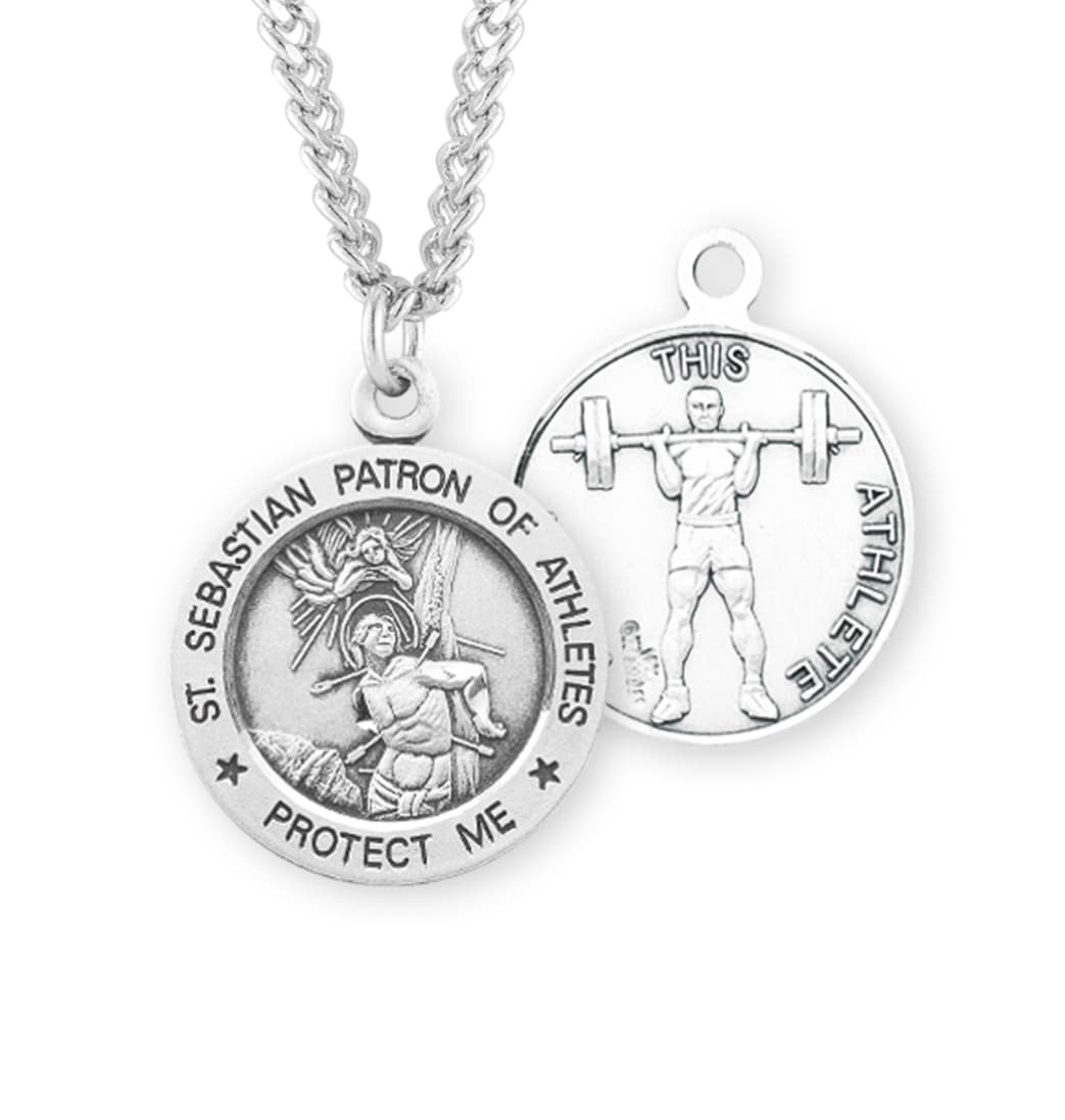 HMH Religious St Sebastian Round Sterling Silver Weight Lifting Athlete Medal,