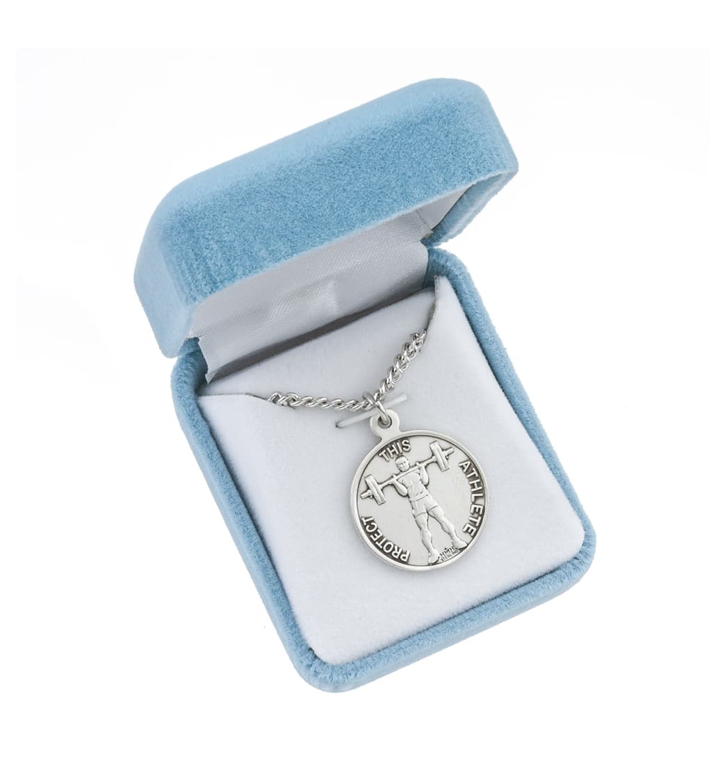 HMH Religious St Sebastian Round Sterling Silver Weight Lifting Athlete Medal in Gift Box,