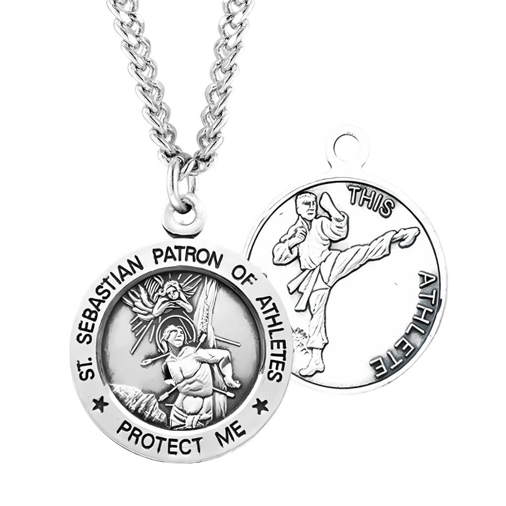 St. Sebastian Martial Arts Round Sterling Silver Medal Necklace with Chain, Made in USA by HMH Religious,