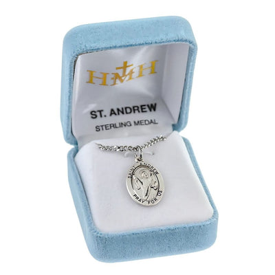 St. Andrew oval sterling silver medal with a X shaped cross he was crucified on, in a gift box, HMH Religious