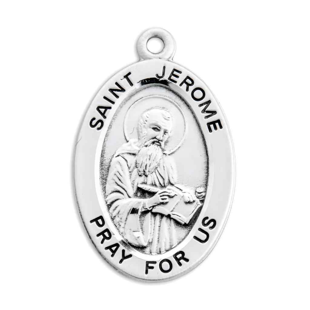 Front of St. Jerome St. Jason sterling silver oval medal with a pen and book, HMH Religious (view 2)