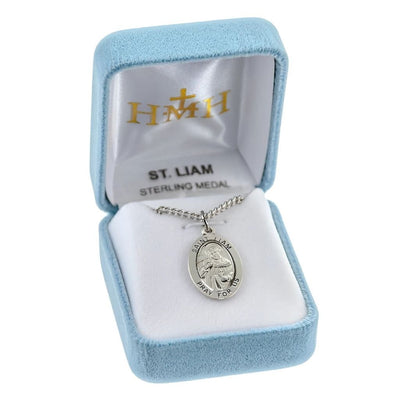 St. Liam oval sterling silver medal with cross necklace with chain in gift box, HMH Religious